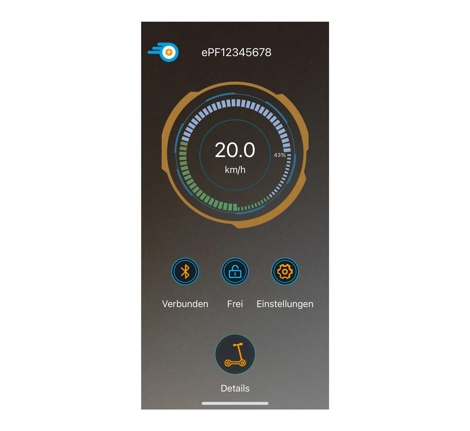 Screenshot der ePF App – Smartphone-App zur Steuerung und Überwachung des ePF1 Elektrorollers mit Funktionen wie Fahrdaten und vieles mehr
