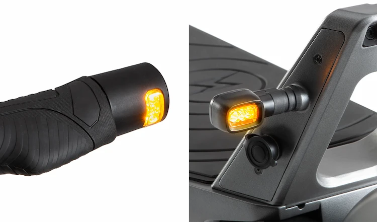 Blinker am Handgriff des ePF Elektrorollers und hinten – ergonomische Steuerung für sichere Richtungsanzeige bei klappbarem E-Scooter mit Straßenzulassung