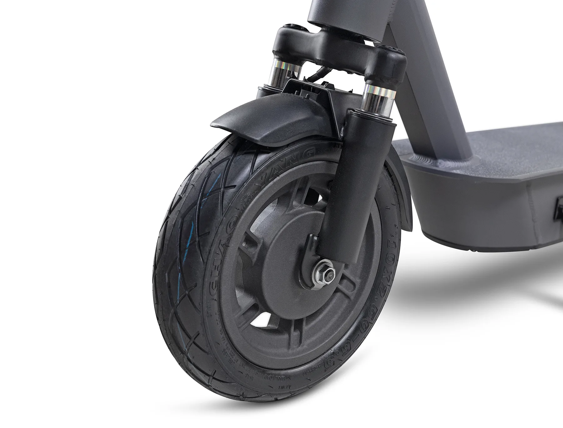 ePF-2_Vorderrad_Federgabel Vorderrad des ePF-2 Elektrorollers mit Federgabel – stoßdämpfende Federung für komfortables Fahren und bessere Kontrolle bei klappbarem E-Scooter mit Straßenzulassung