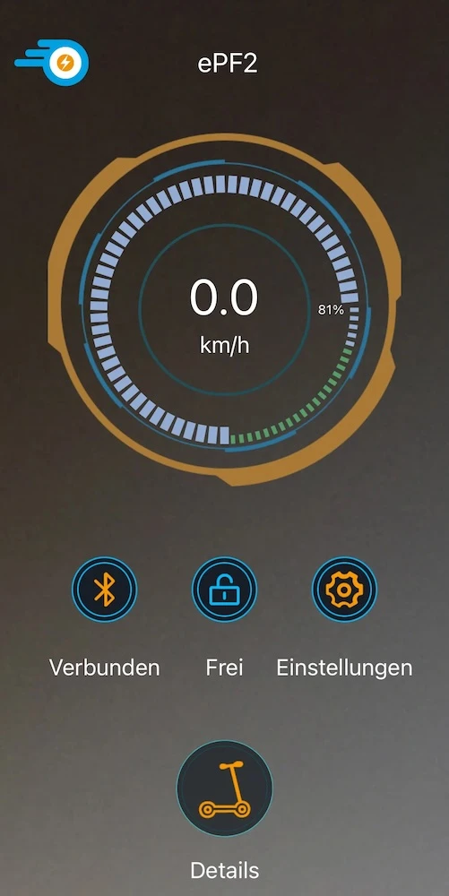 e-scooter ePF app Smartphone-App-Interface für den ePowerFun ePF2 mit klarem Tachodisplay zur Anzeige der aktuellen e-Scooter-Geschwindigkeit, Prozent-Akkuanzeige und Bluetooth-Verbindung sowie Schnellzugriff auf Entsperren-Funktion