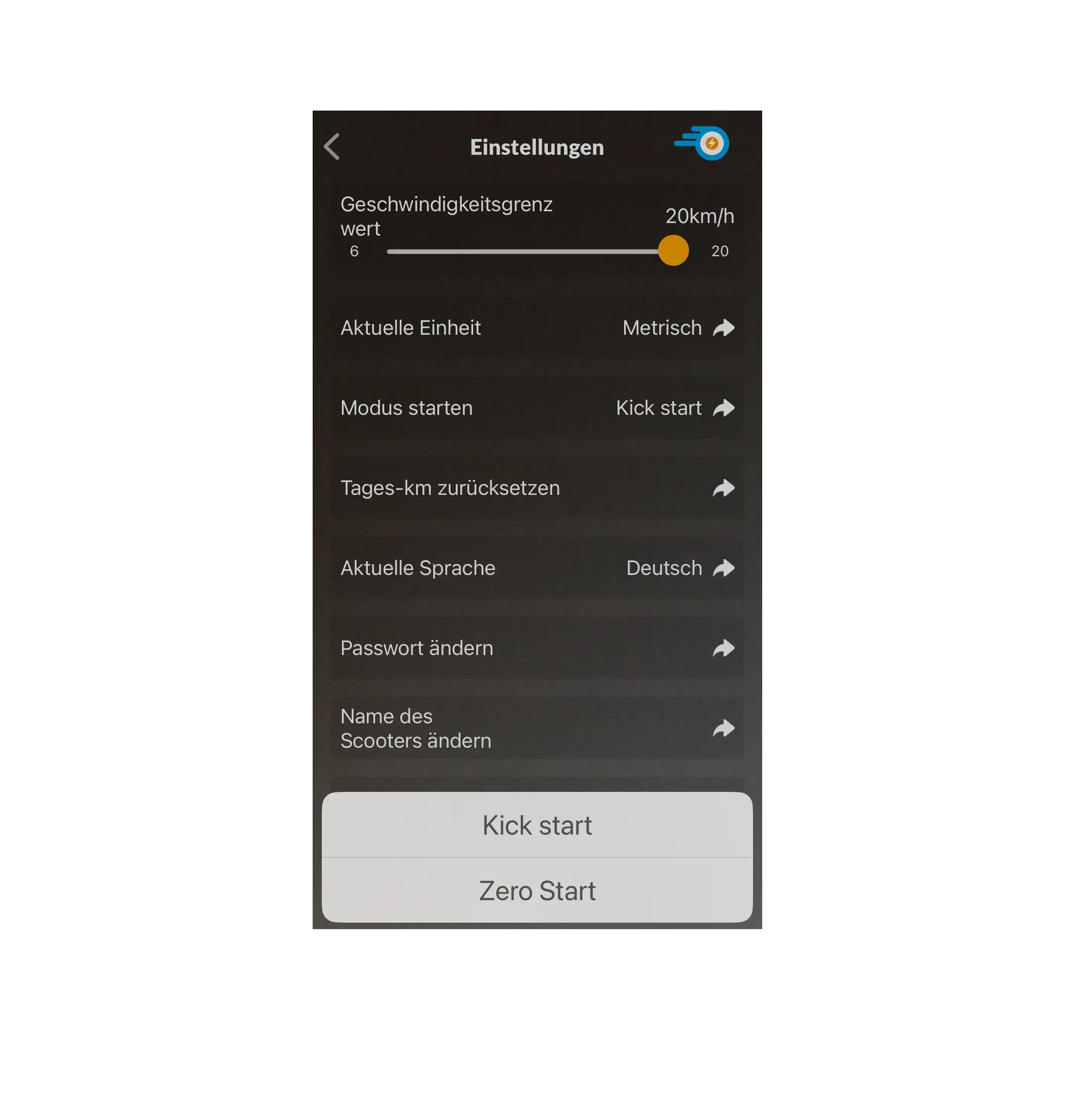 ePF-App ZeroStart Funktion – einfache und sichere Aktivierung des ePF-2 PRO Elektrorollers per Smartphone für individuell einstellbare Fahrmodi und optimale Kontrolle