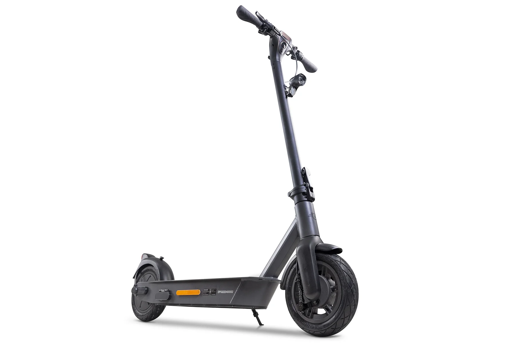 Frontansicht von unten des ePF-2 Elektrorollers – moderner, klappbarer E-Scooter mit robuster Bauweise, Straßenzulassung und leistungsstarkem Fahrwerk für urbane Mobilität
