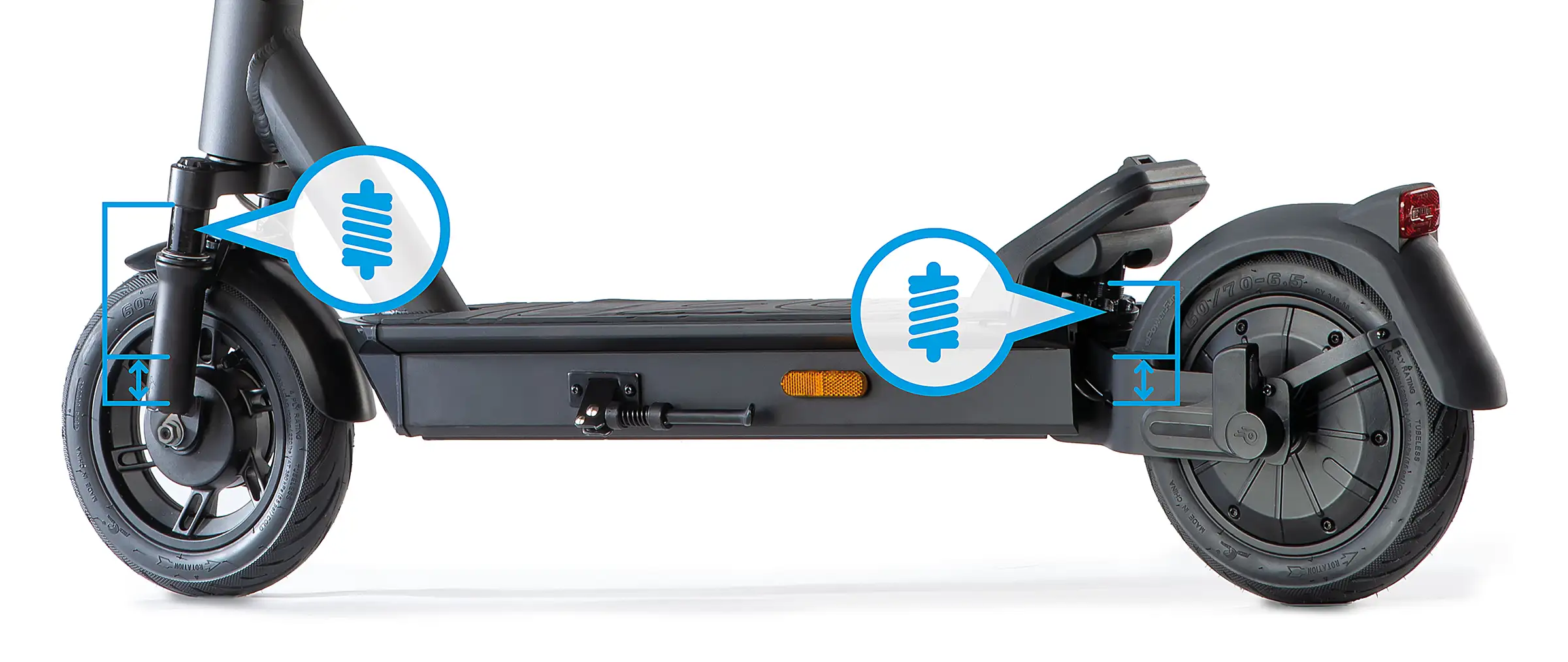 ePF-2-PRO_Grafik-Federung Detailgrafik der Federung des ePF-2 PRO E-Scooters – hochwertige Stoßdämpfer für maximalen Fahrkomfort und Stabilität auf unebenem Untergrund