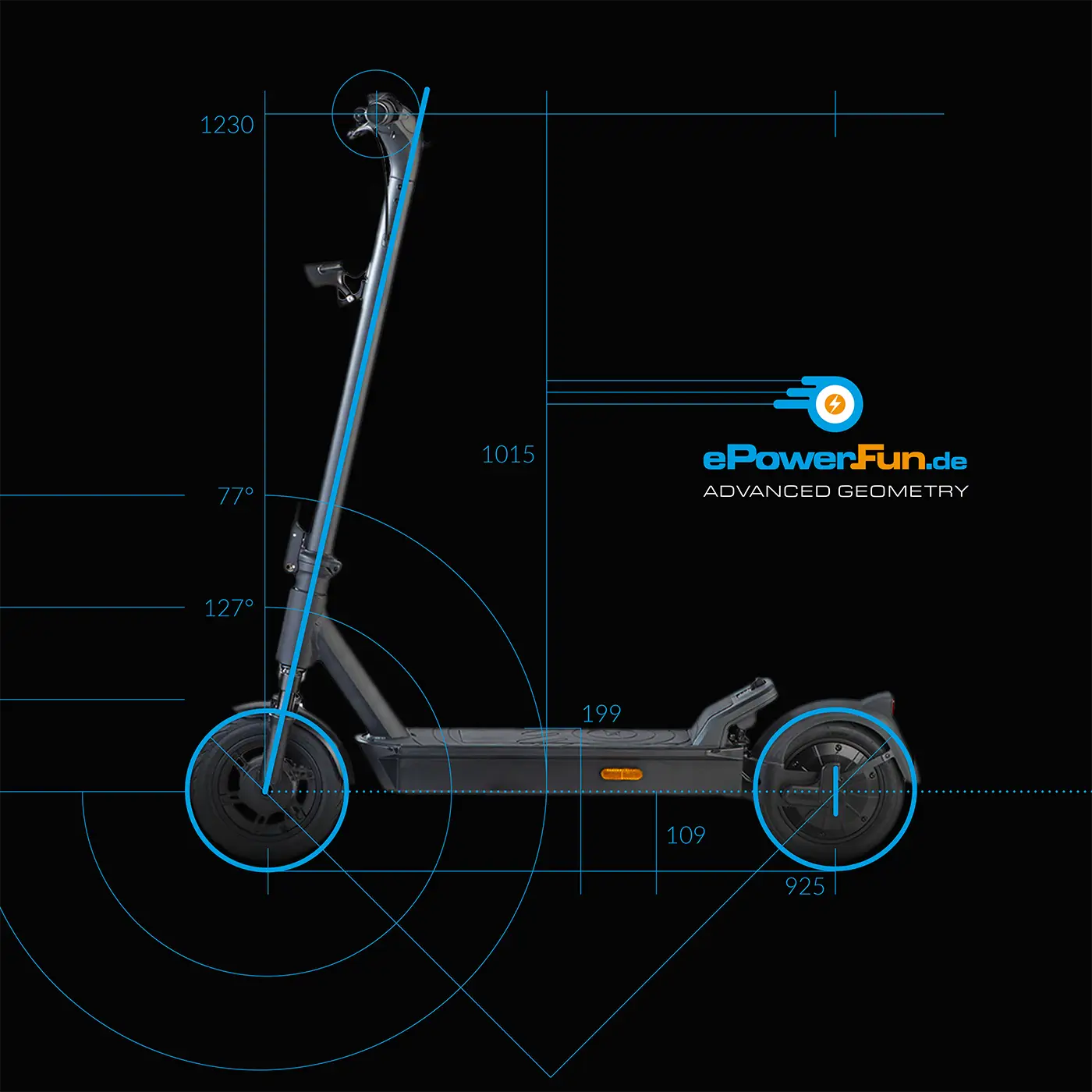 ePF-2_PRO_Geometrie Geometrie und Design des ePF-2 PRO Elektrorollers – ergonomisch optimierte Rahmenstruktur für komfortables Fahren, stabile Fahrdynamik und sichere Mikromobilität