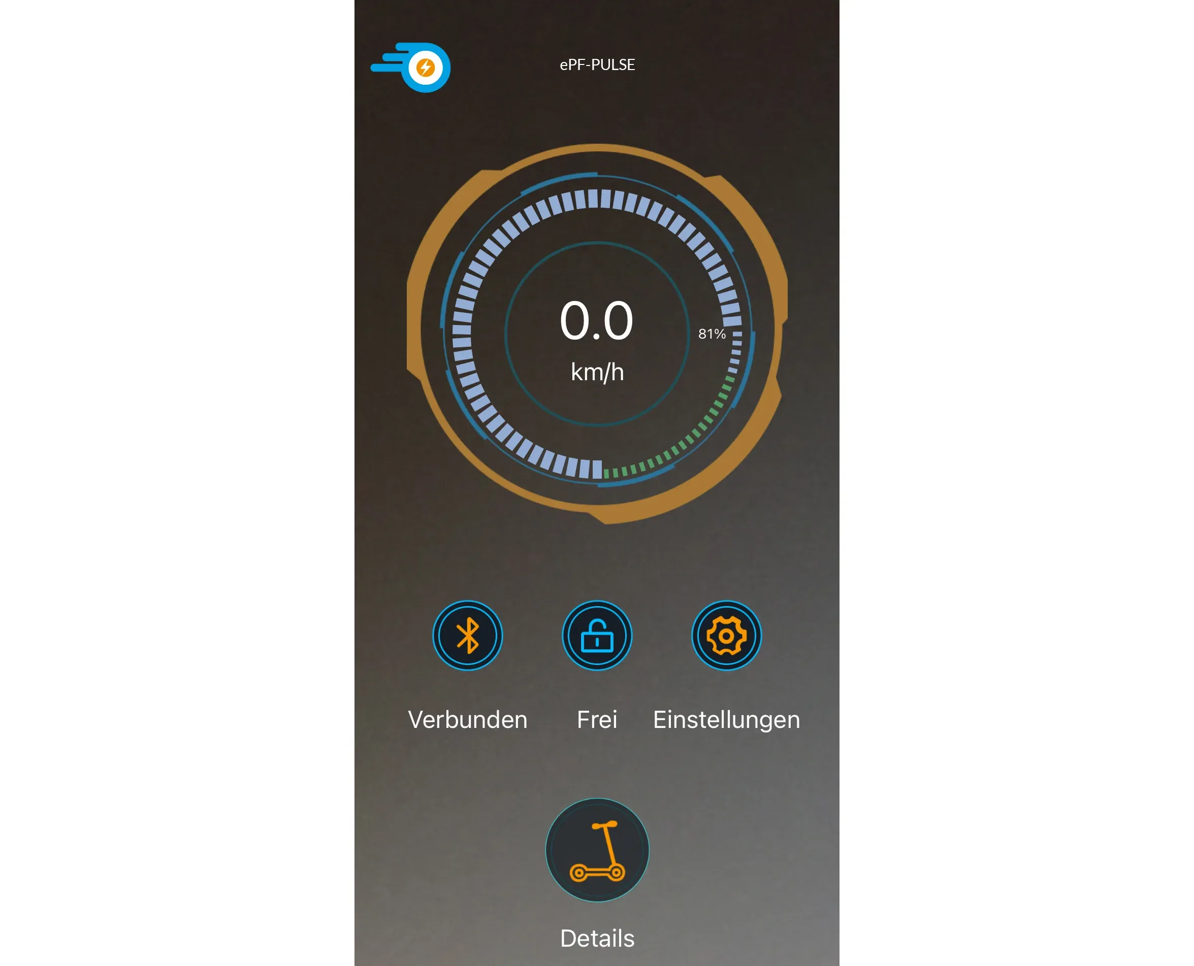 Screenshot der ePF App – Smartphone-App zur Steuerung und Überwachung des ePF PULSE Elektrorollers mit Funktionen wie Akkustatus, Fahrdaten, Sperrfunktion und vieles mehr