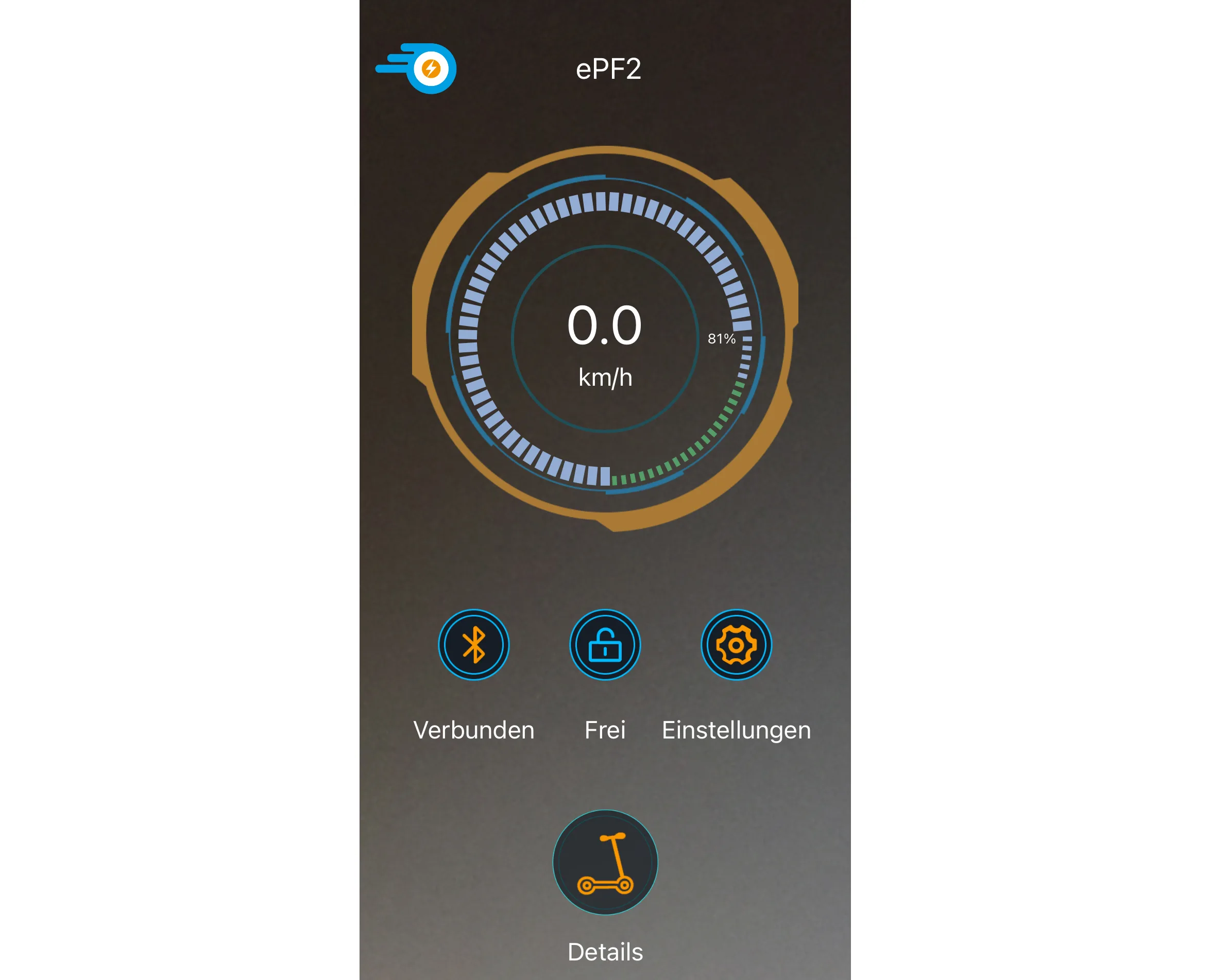 ePF-2_App Screenshot der ePF App – Smartphone-App zur Steuerung und Überwachung des ePF PULSE Elektrorollers mit Funktionen wie Akkustatus, Fahrdaten, Sperrfunktion und vieles mehr