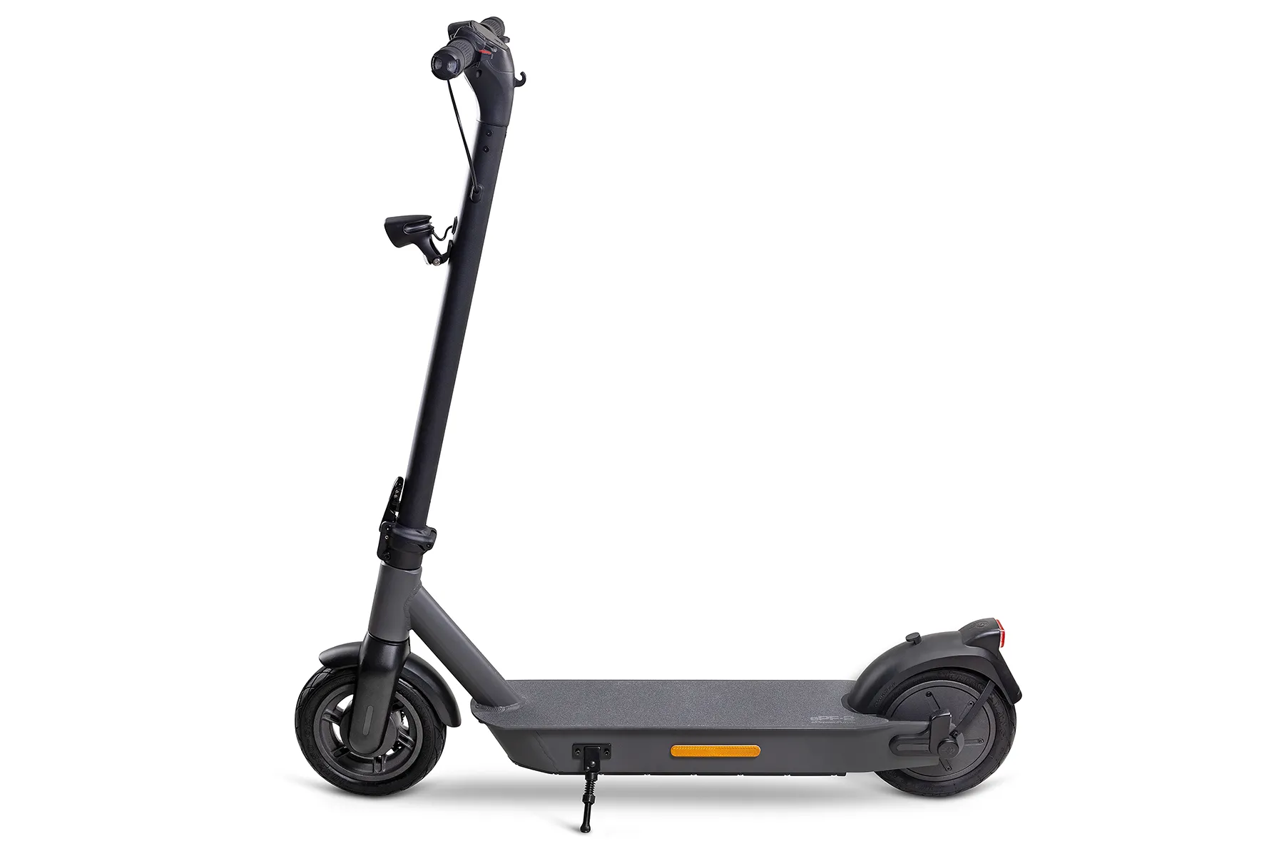 Seitenansicht links des ePF-2 Elektrorollers mit Ständer – klappbarer E-Scooter mit Straßenzulassung, leichter Rahmen und stabiler Ständer für sicheren Halt im urbanen Alltag